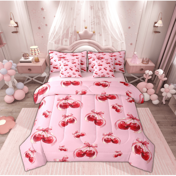 Manfei Red Cherry Bowknot Twin Bedding Sets 7-Piece for Kids, Vintage Cartoon Ribbon Bedding Comforter Set, Girls Kawaii Bow Reversible Sheet Sets, Ultra Soft Home Decor