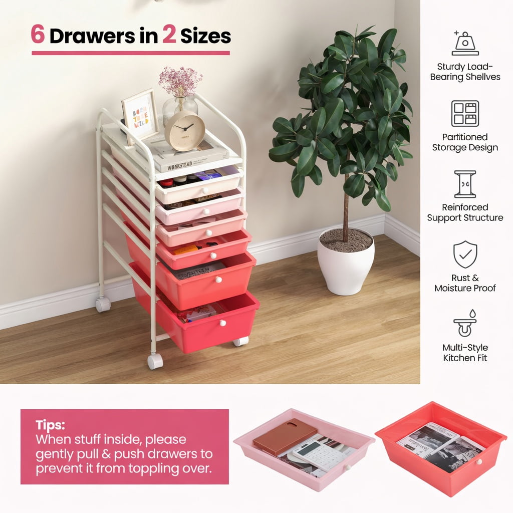 Spaco 6 Drawers Rolling Storage Cart Organizer-Pink, Craft Organizers and Storage, Multipurpose Organizer Cart for Home, Office, School