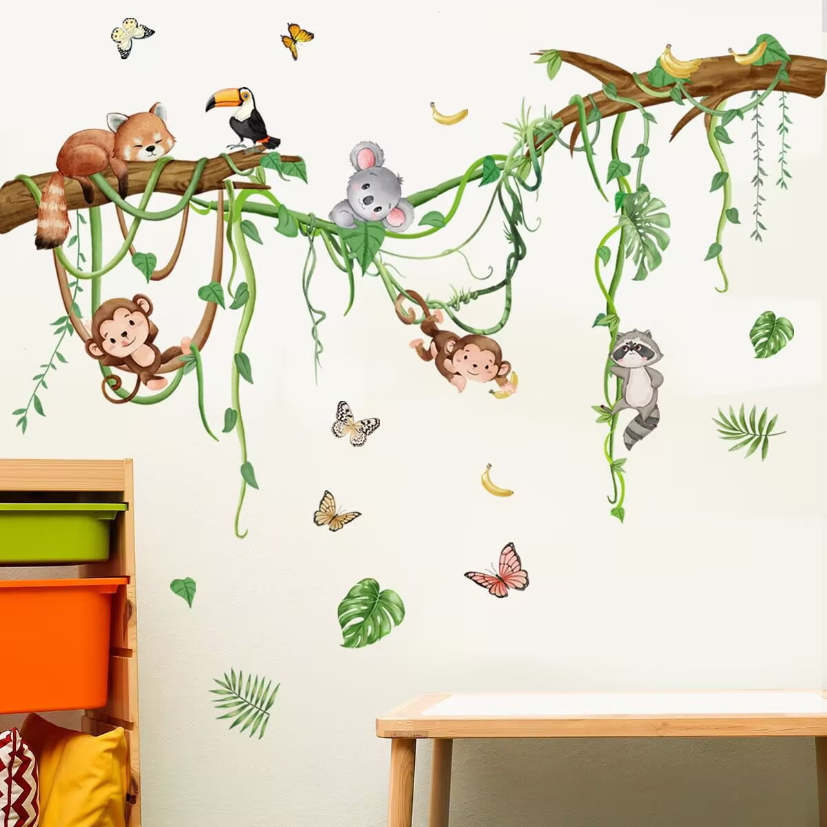Monkey Climbing Tree Wall Decals Jungle Animals Wall Stickers Removable Vinyl Wall Art Sticker for Girls Baby Nursery Kids Bedroom Living Room Bathroom