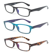 EYE ZOOM 3 Pack Retro Rectangular Plastic Frame Blue Light Blocking and Anti UV Reading Glasses, Multi color, +2.50