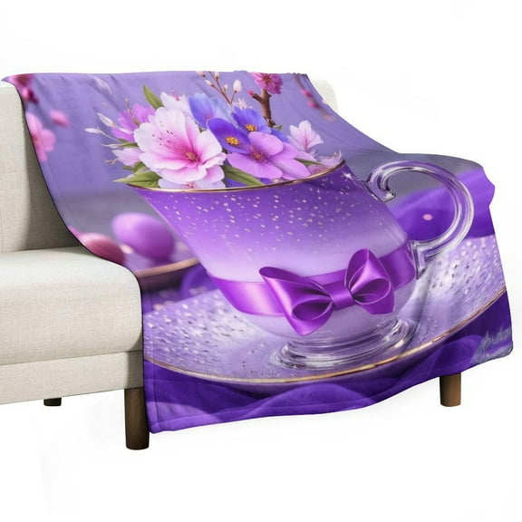Purple Teacup with Flowers Blankets Bedroom Living Room Sofa Throw Blankets for Beds
