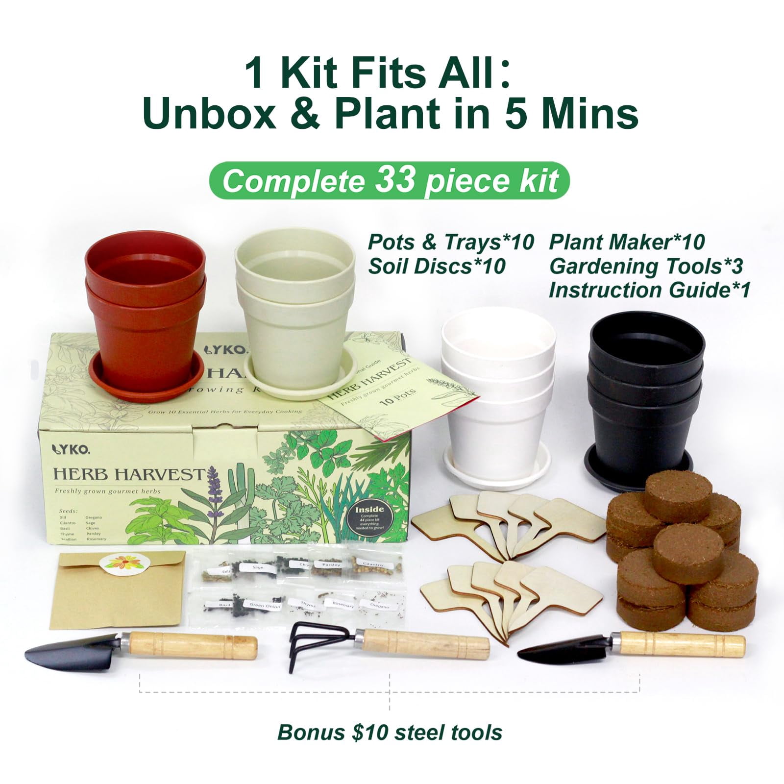 10-Piece Indoor Herb Garden Kit – 33-Piece Complete Starter Set for Kitchen Herbs, A Unique Gift Idea for Plant Lovers, Women, Men, Moms, Friends – Perfect for