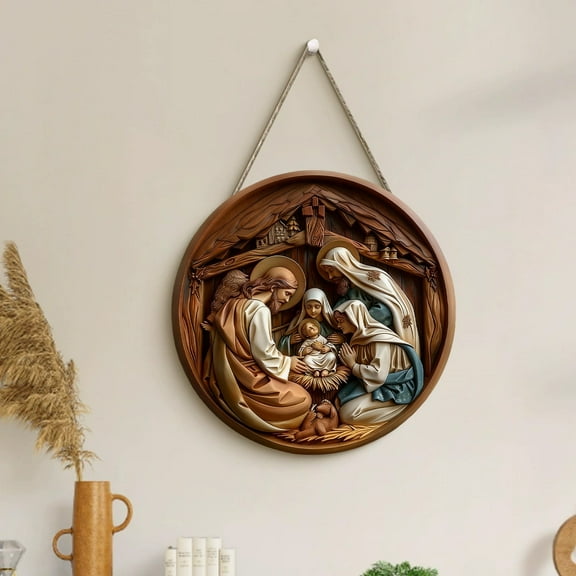 LmnLft Nativity Scene Religious Round Hanging Plaque, Wooden Christmas Ornament for Home Wall, Christian Holiday Decoration for Living Room or Bedroom Display