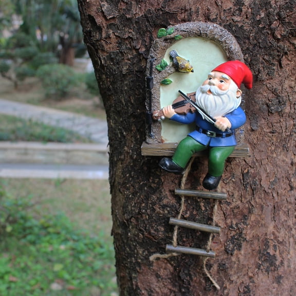 Glow in Dark Resin Piano Playing Gnome Tree Stump Decor - Solar Light Up Garden Hanging Pendant, Outdoor Yard Patio Courtyard Ornament, Hand Painted Waterproof Gift for Holidays