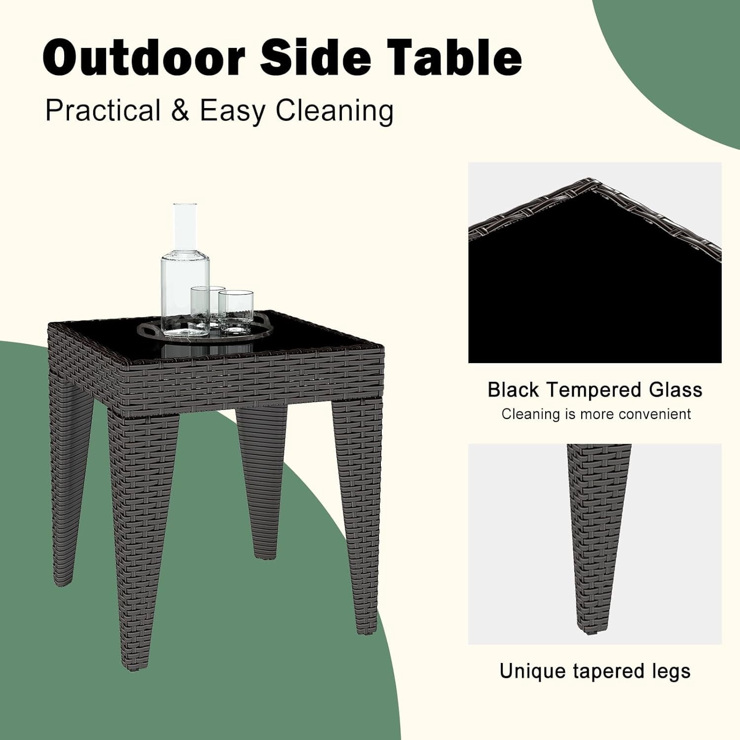 Kinbor Outdoor Furniture Patio Table Wicker Coffee Table, Square End Table Tempered Glass Top with Storage, Brown