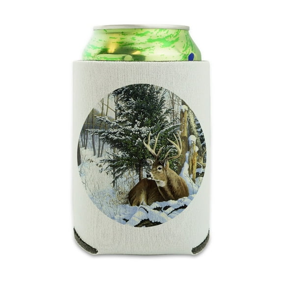 Deer in the Snow Can Cooler - Drink Sleeve Hugger Collapsible Insulator - Beverage Insulated Holder
