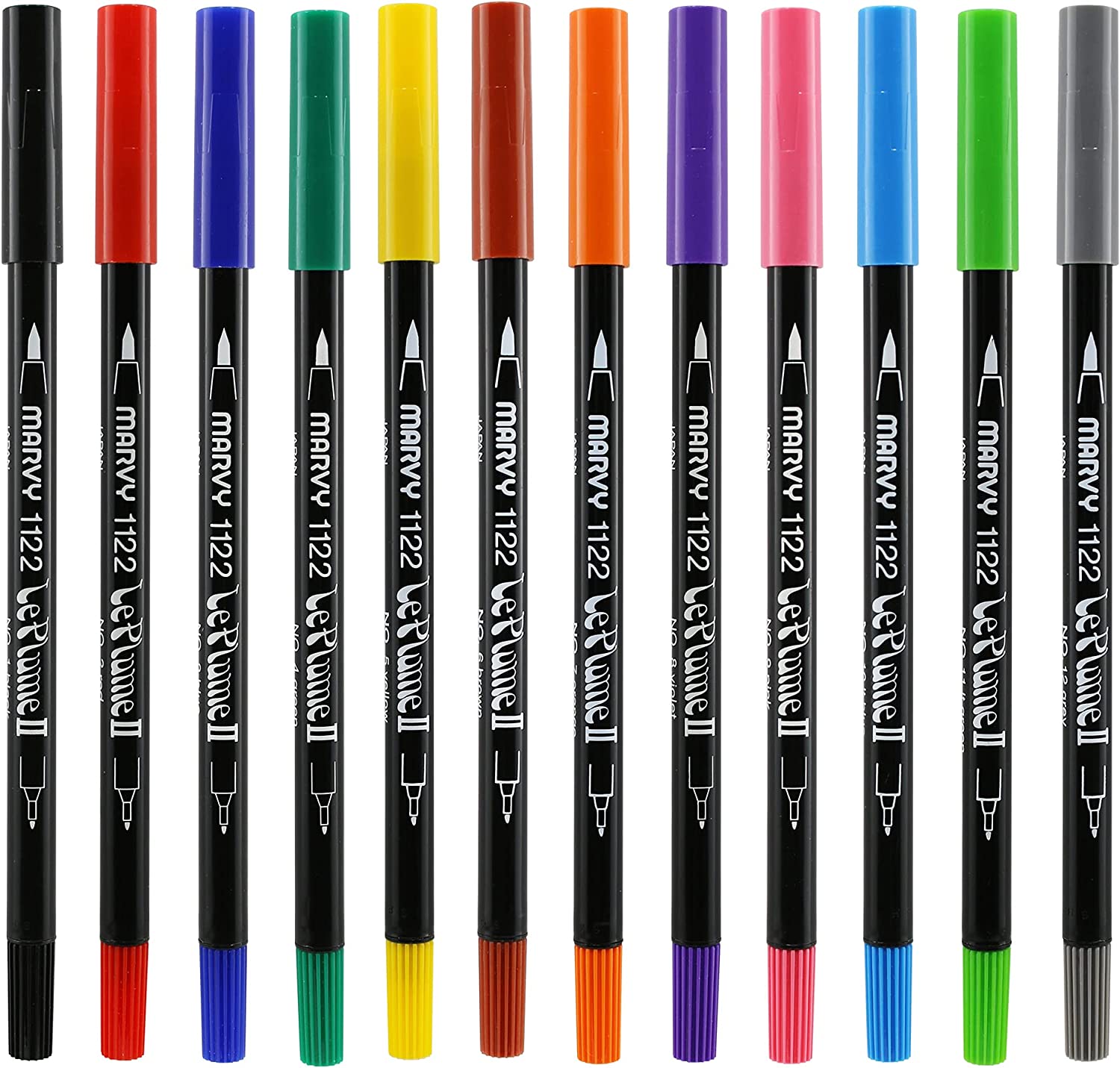 Uchida 1122-12A Le Plume II Double-Ended Markers with Brush and Fine Tips, Primary, Set of 12
