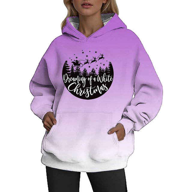 WEAIXIMIUNG Sweat-Shirt Graphique pour Femmes avec Capuche, Dégradé Imprimé Décontracté de Noël, Col Rond Ample, Manches Longues