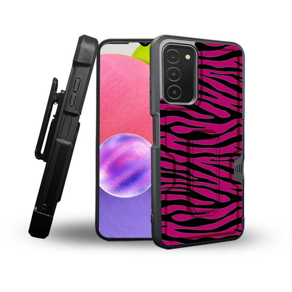 ANJ  Rugged Shockproof Holster Case Card Slot Kickstand   Tempered Glass Cover for Samsung Galaxy A03s - Hot Pink Zebra