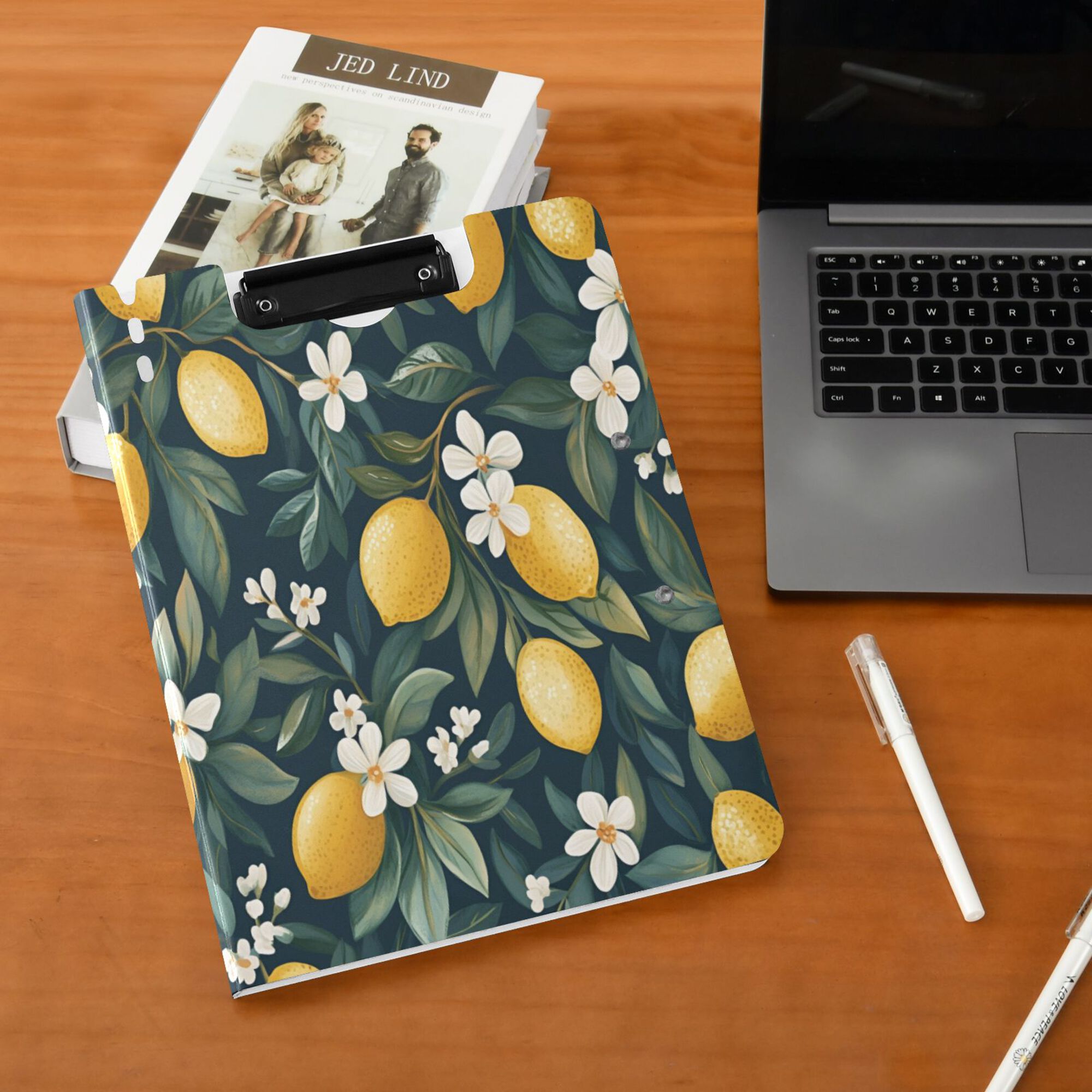 FORMRS A4 Clipboard Folder with Pen Holder Horizontal Foldable School Office Binder, Floral Lemons