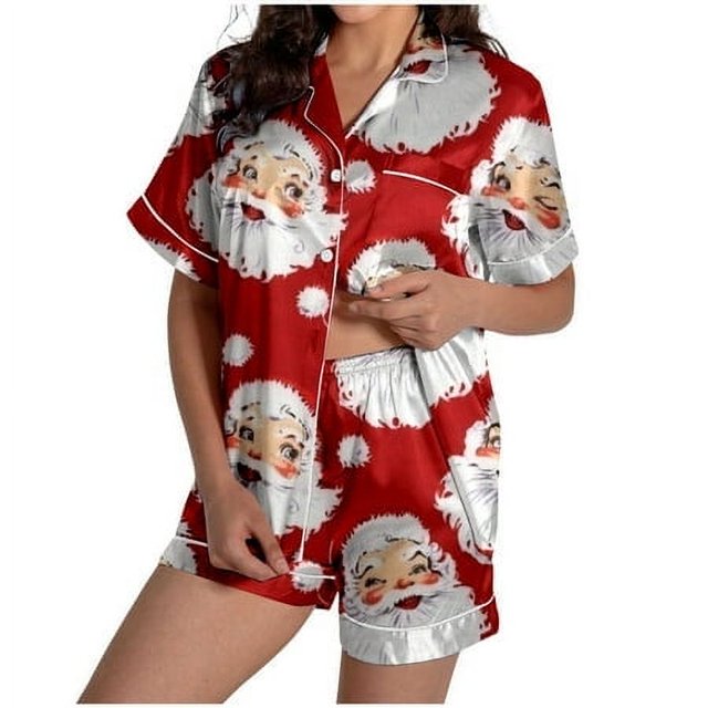 WEAIXIMIUNG Pajama Set Pants and Short Sleeve Ladies' Christmas Snowman Santa Printed Silk Satin Short Sleeve Button Pajama Set