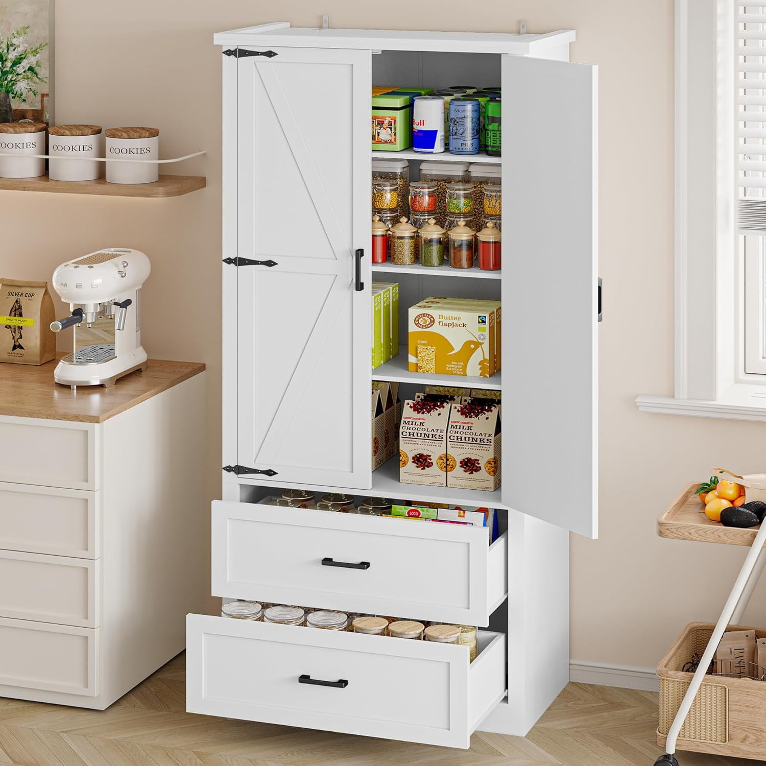 FANRAL 71” Tall Pantry Organizers and Storage Cabinet with Barn Doors & Drawers,Adjustable Shelf for Kitchen Dining Room Living Room Bathroom Office,White Pantry Cabinet