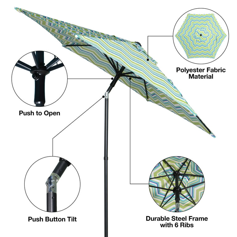 Mainstays 7.5ft Miranda Green Chevron Round Outdoor Tilting Market Patio  Umbrella with Push-up Function 