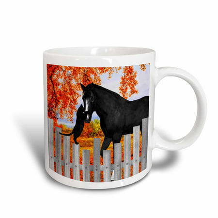 3dRose Precious black cat and black horse sharing a moment of friendship behind a picket fence in autumn., Ceramic Mug,