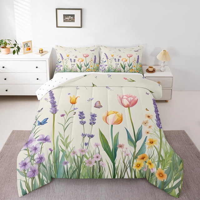 Erosebridal Tulip Lavender Flower Bedding Twin Comforter Set, Spring Plants Leaves Down Comforter, Reversible 2 Pieces