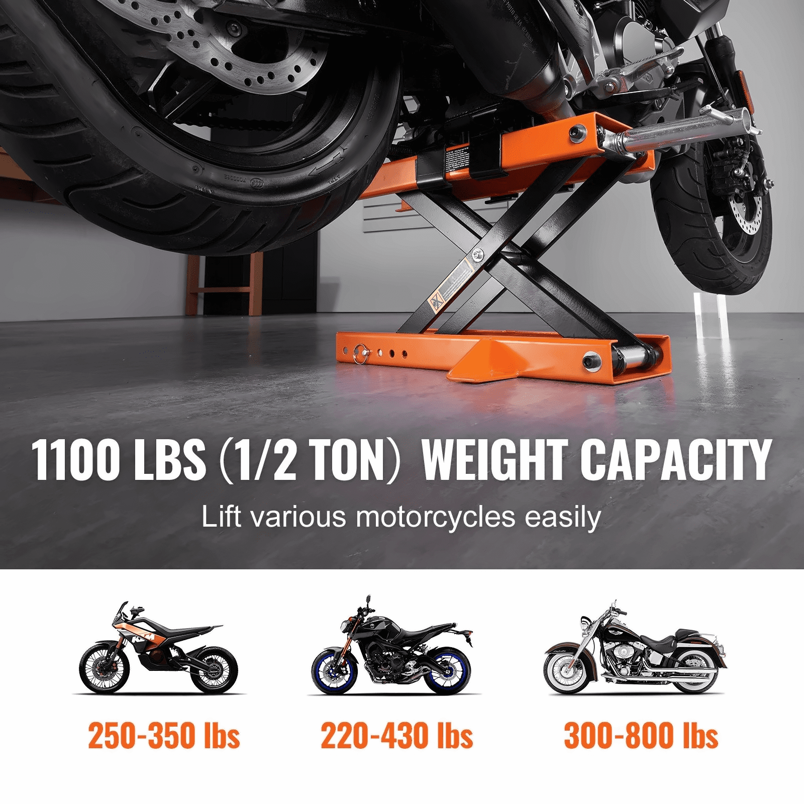 Motorcycle Lift 500kg - Center Scissor Jack for Street, Cruiser & Touring Bikes - Steel Hoist Stand with Safety Pin & Non-Slip Saddle