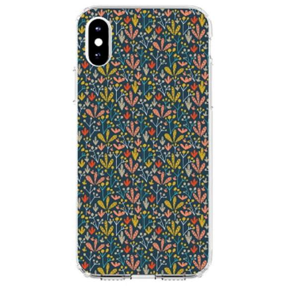 DistinctInk Clear Shockproof Hybrid Case for iPhone XS Max (6.5" Screen) - TPU Bumper, Acrylic Back, Tempered Glass Screen Protector - Modern Floral - Navy Yellow Teal