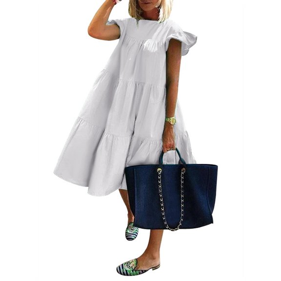 VONDA Women's Crew Neck Casual Short Sleeve Ruffle-Trim Summer Mini Dresses
