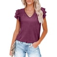 thumbnail image 1 of Top de manga corta con volantes en capas para mujer, blusa holgada informal de Color puro con cuello en V y hombros fruncidos, 1 of 6