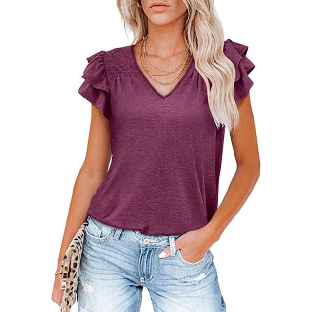 Top de manga corta con volantes en capas para mujer, blusa holgada informal de Color puro con cuello en V y hombros fruncidos