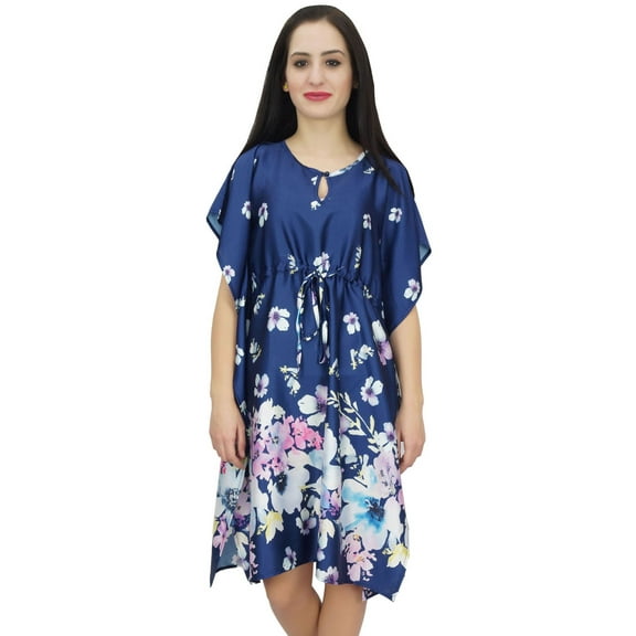 Bimba Womens Navy Blue Short Kimono Printed Satin Floral Bridesmaid Kaftan-4