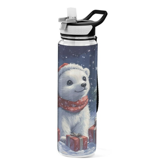 Qxltty A Cute White Polar Bear Water Bottle 32 oz with Straw BPA Free Reusable Fitness Sport Bottle Perfect for Travel School Outdoors and Gym