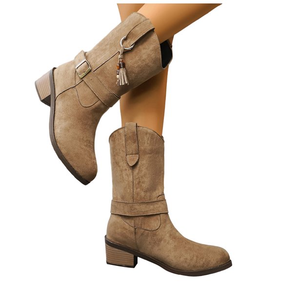 Dakaela Cowboy Cowgirl Boots for Women Western Country Mid Calf Booties Round Toe Slouchy Riding Boot with Buckle Strap Khaki 9