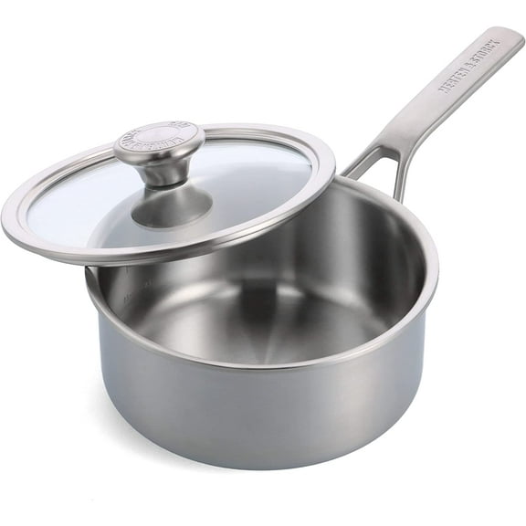 Tri-Ply Stainless Steel 3QT Saucepan Pot with Lid, Professional Cooking, Multi Clad, Measurement Markings, Drip-Free Pouring Edges, Durable Glass Lid, Induction, Oven & Dishwasher Safe