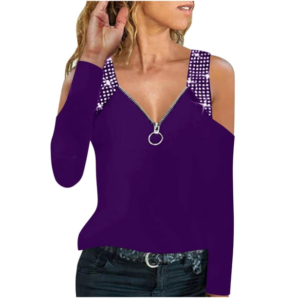 Blusas Para Mujer Blusas Con Hombros Descubiertos Cuello en V Cremallera Manga Larga Top Sólido Con Diamantes de Imitación Odeerbi ODB185934