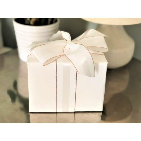 White & Rose Gold Grosgrain Ribbon 1 1/2 inch, 10 yards | Premium Fabric Ribbon with Metal Trim