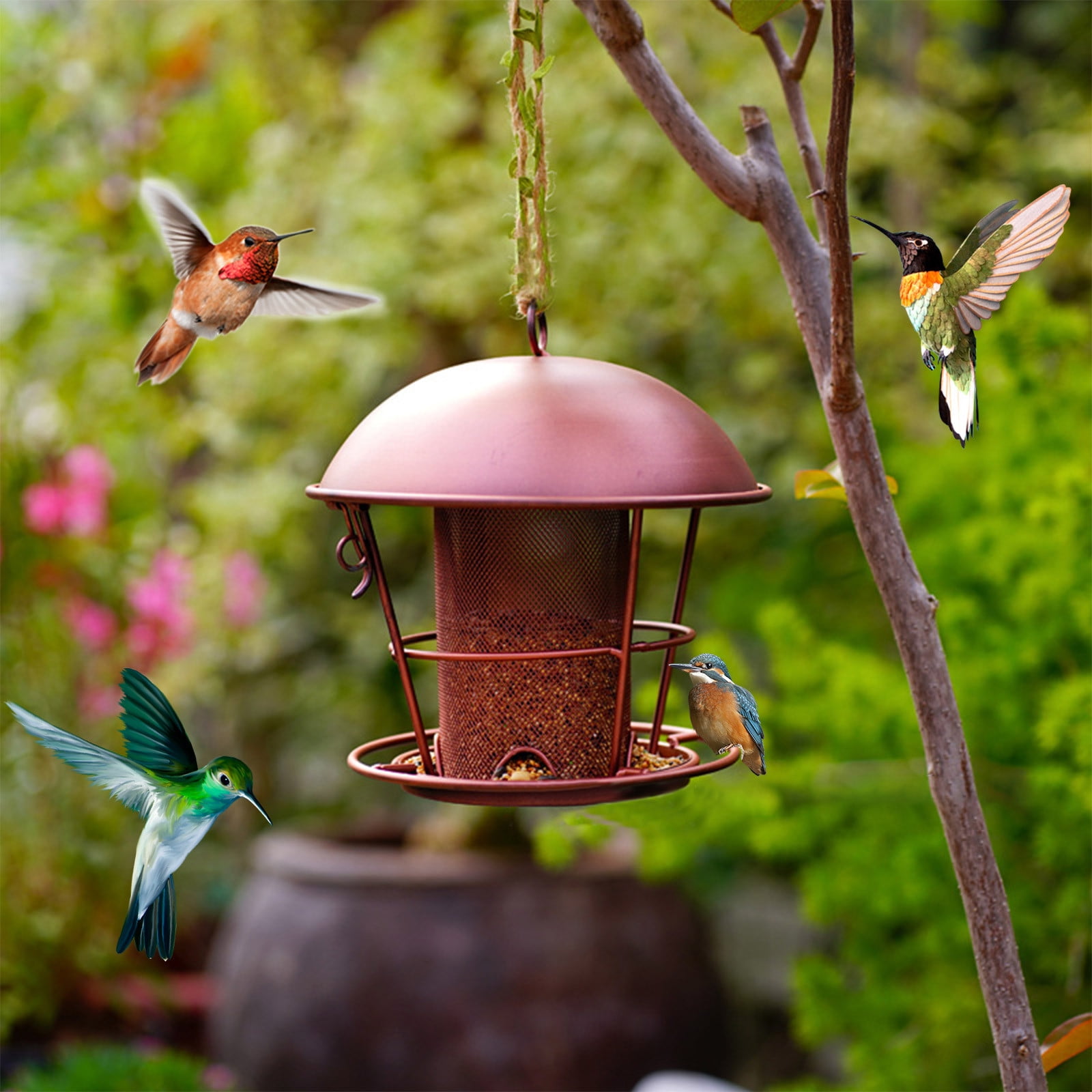 FEOLGEHLY 7.8Inch Metal Dome Bird Feeder, Hanging Bird Houses for Outside, Hummingbird Feeders for Outdoors, Garden Patio Decorative Nest Box Birdhouse for Little Sparrow Finch or Medium Size Birds