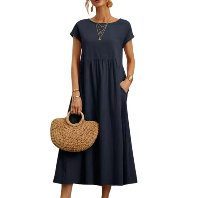 Innerwin Dresses Crew Neck Ladies Dress Beach Solid Color Loose Sundress Dark Blue 2XL