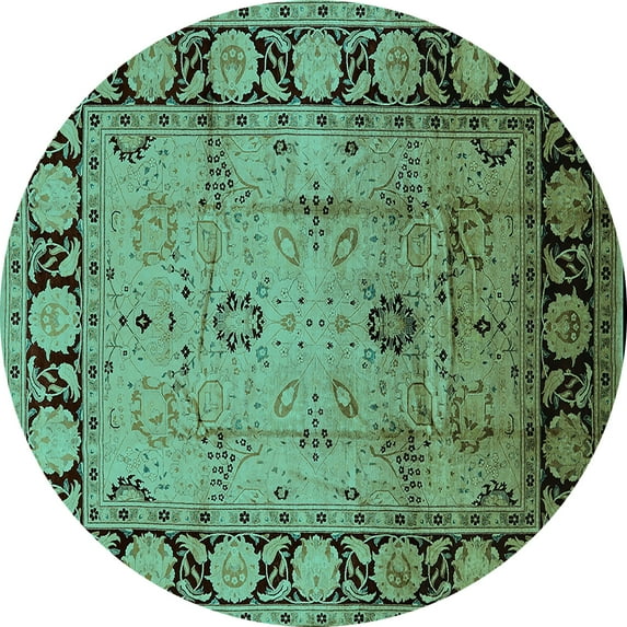 Ahgly Company Machine Washable Indoor Round Oriental Turquoise Blue Traditional Area Rugs, 5' Round