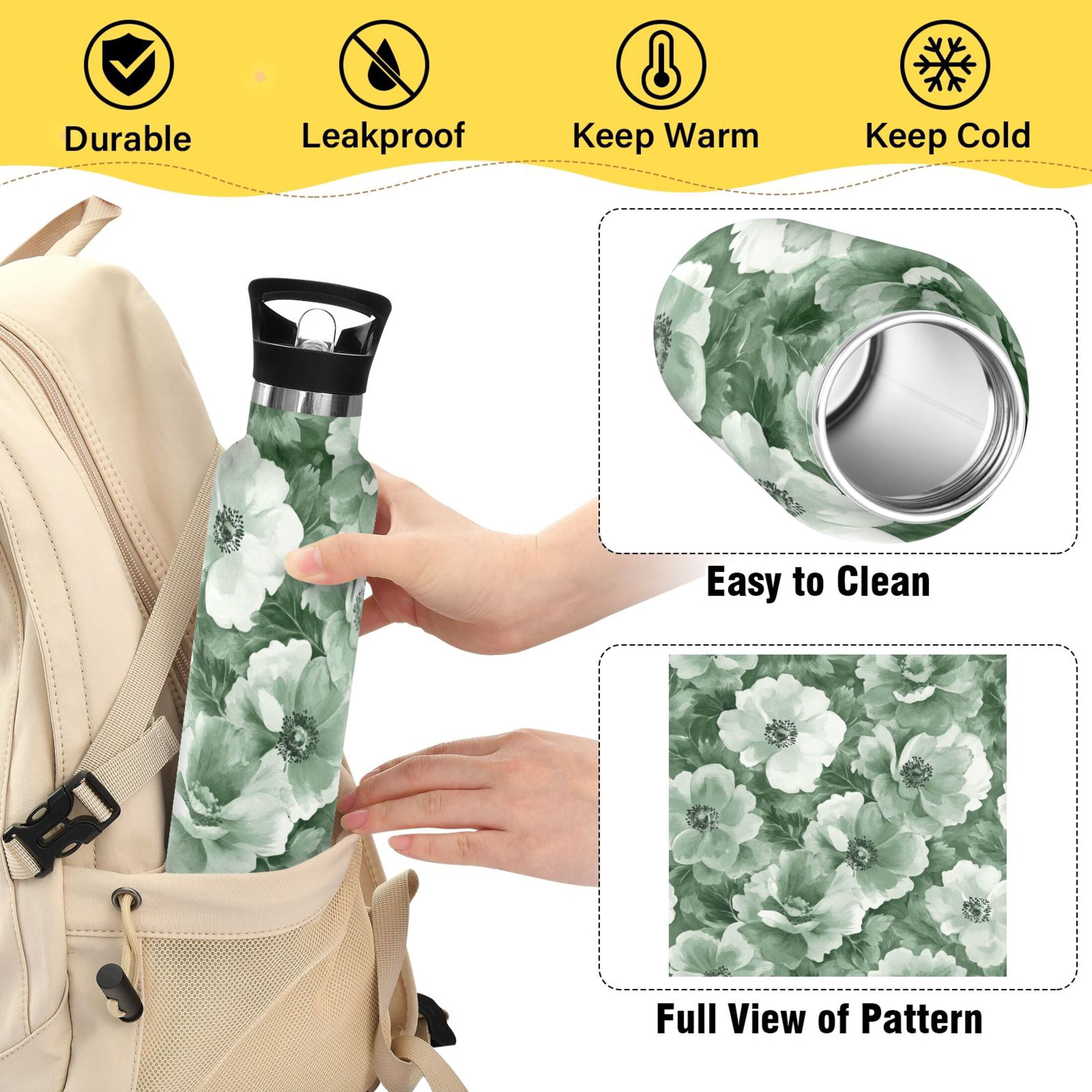 600ML Stainless Steel Insulated Cup Sports Water Bottle Portable Thermos Cup Water Glasses Insulated Tumblers Convenient and Durable Vibrant Green Flowers