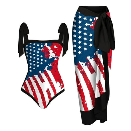 SOOMLON Bikini Top Women 1 Piece Swimwear+1 Piece Cover UP Two Piece Vintage Print Swimsuit Monokini High Waist 4th of July Lace Up Independence Day Swimsuit Long Skirt Sleeveless Blue XXL
