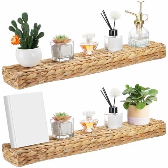 2 Pack Handwoven Water Hyacinth Floating Wall Shelf 23.6 Inch Woven Wall Mounted Shelf Rustic Floating Shelves for Bathroom Bedroom Kitchen Living Room Storage Shelves Over Toilet