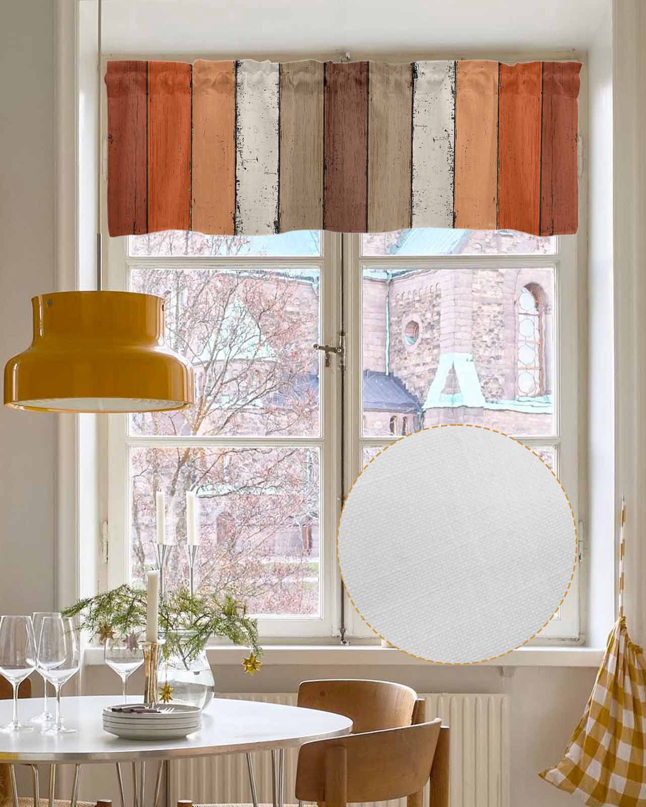 Burnt Orange Kitchen Valances for Windows Farmhouse Linen Window Valance Curtain for Living Room Window Treatment Farmhouse Wood Grain Brown Vertical Striped Valance Rod Pocket Topper, 60 x 18 Inch