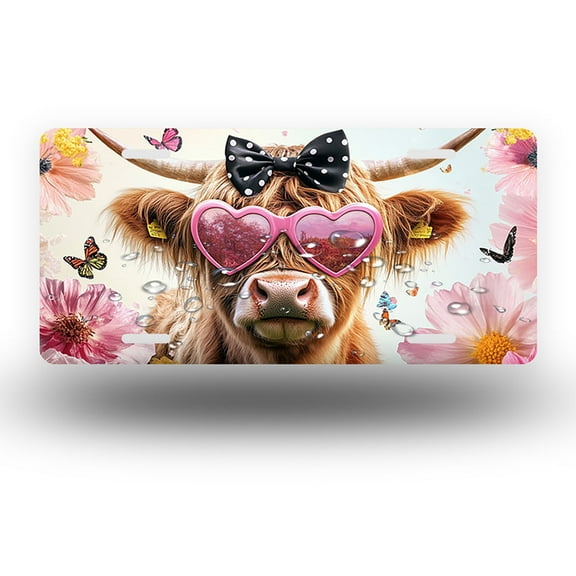 License Plate,Highland Cow with Bow Tie and Heart Shades Decorative Front,Personalized Stainless Steel License Plate Cover For Men Women,12.2" X 6.2"