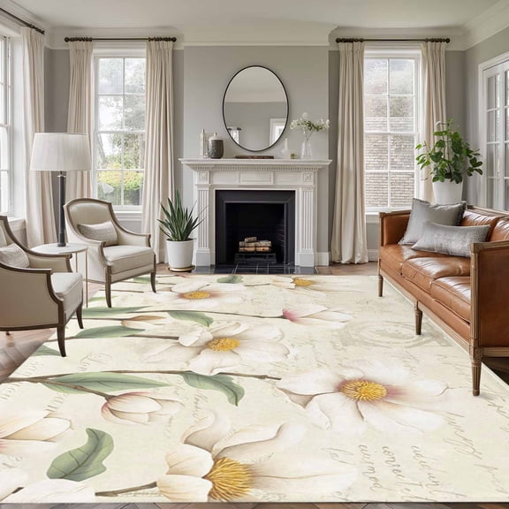 Large Area Rugs for Living Room Bedroom, White Floral 8'x10' Rug Washable Carpet Runner Indoor Outdoor, Spring Country Vintage Flower Leaf Plant Non Slip Floor Mats Rug for Kitchen, Patio