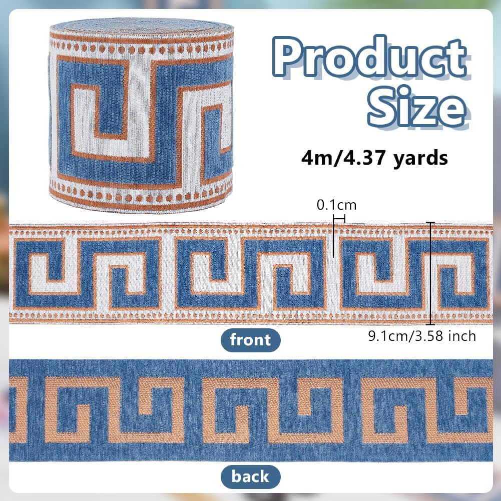 4.37 Yard Embroidered Drapery Trim 3-5/8 Inch Wide Polyester Jacquard Grid Ribbon Blue Geometric Jacquard Ribbons Great Wall Grid Curtain Trim