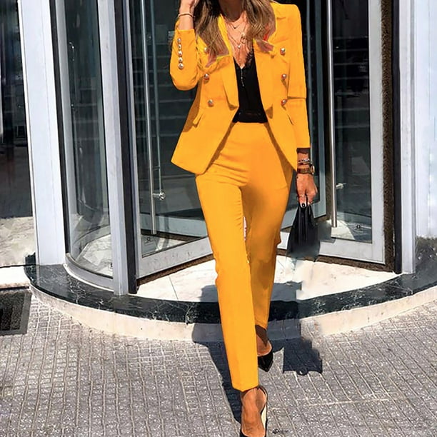 Lounge Sets For Women Clearance Women's Long Sleeve Solid Suit Pants Casual  Elegant Business Suit Sets Yellow M JE 