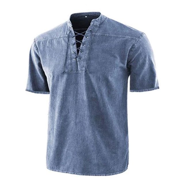 LUXUR Chemises pour Hommes Col Montant T-Shirt Manches Courtes Hauts Blouse Rétro Lacée Tee Bleu 3TG