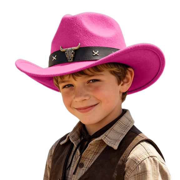 OOOUM Felt Kids Cowboy Hat For Boys Girls Western Leather Band Sun Hat Outdoor Play Party Western Hat Hot Pink