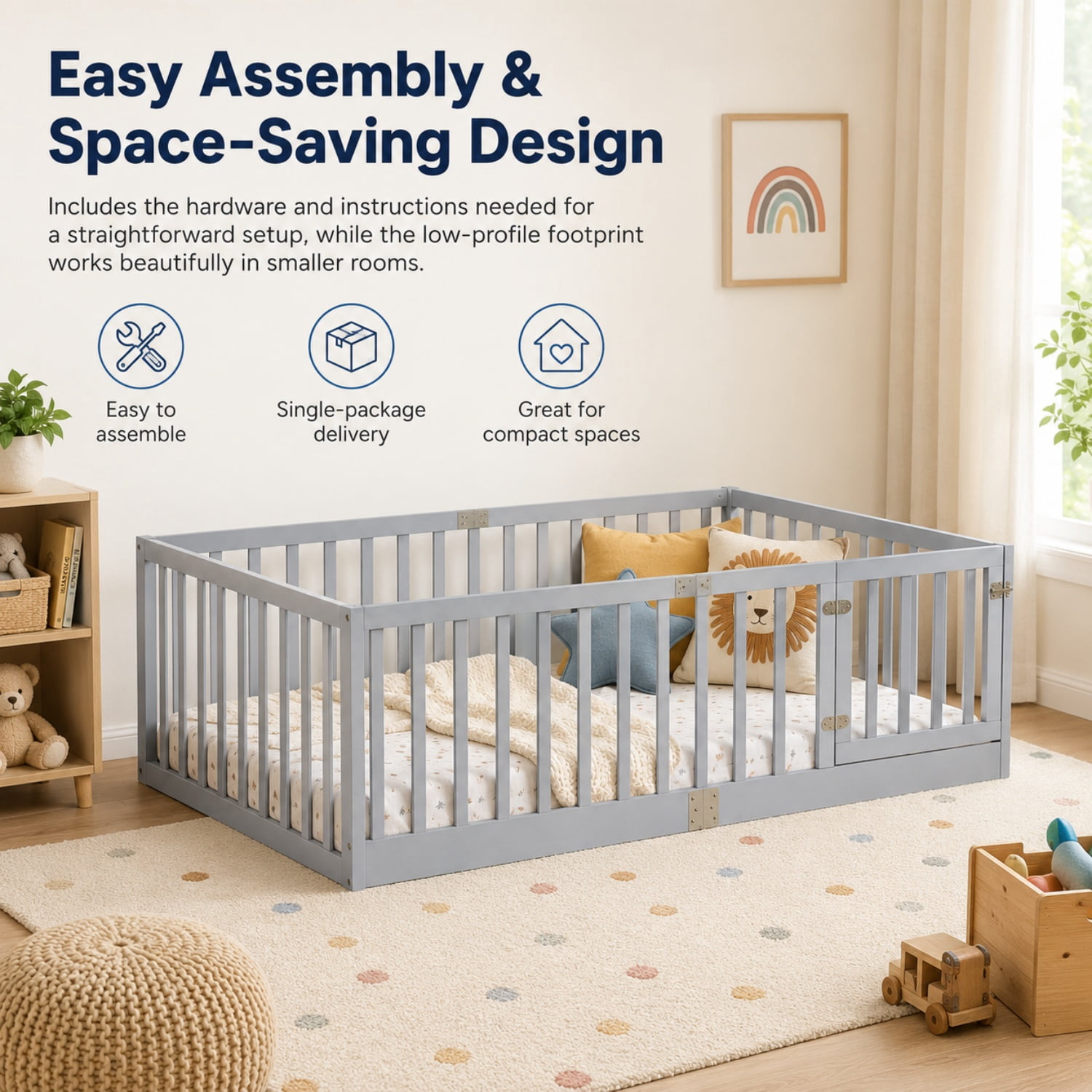 Miniyam Wooden Twin Size Floor Bed for Kids with Door, High Safety Fence, Gray