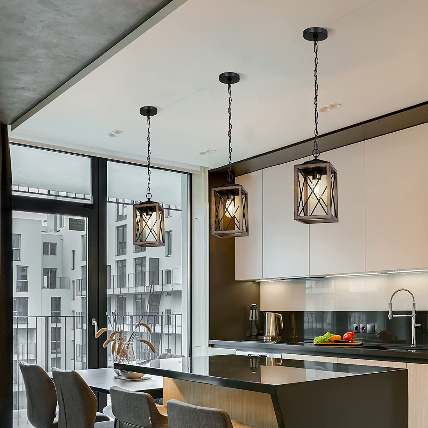 EDISHINE Pendant Lighting for Kitchen Island, Adjustable Height, Rustic Hanging Light Fixtures for Hallway, Metal Hanging Dining Room Lamp, Brown