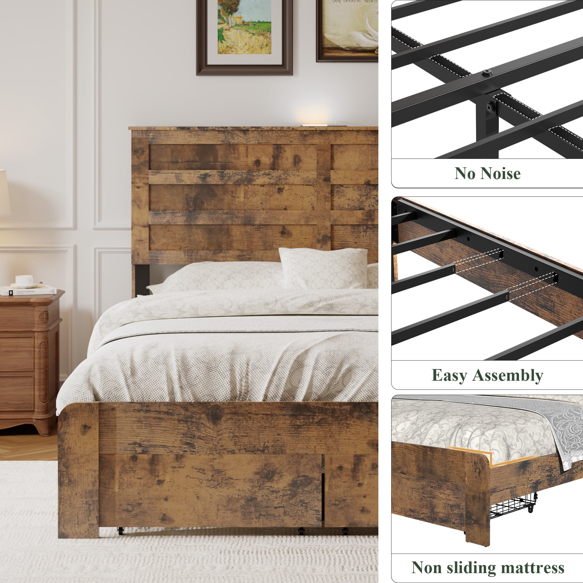 Full Rustic Platform Bed 77.83 Inch, LED Lighting Headboard with USB and Type C Charging, Under Bed Storage Drawers, No Box Spring Needed, Dark Brown