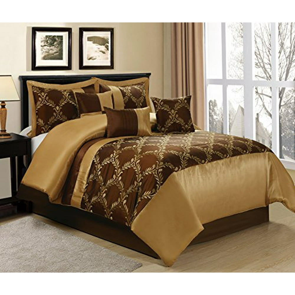 Unique Home 7 Piece Claremont Brown Gold Clearance bedding Comforter