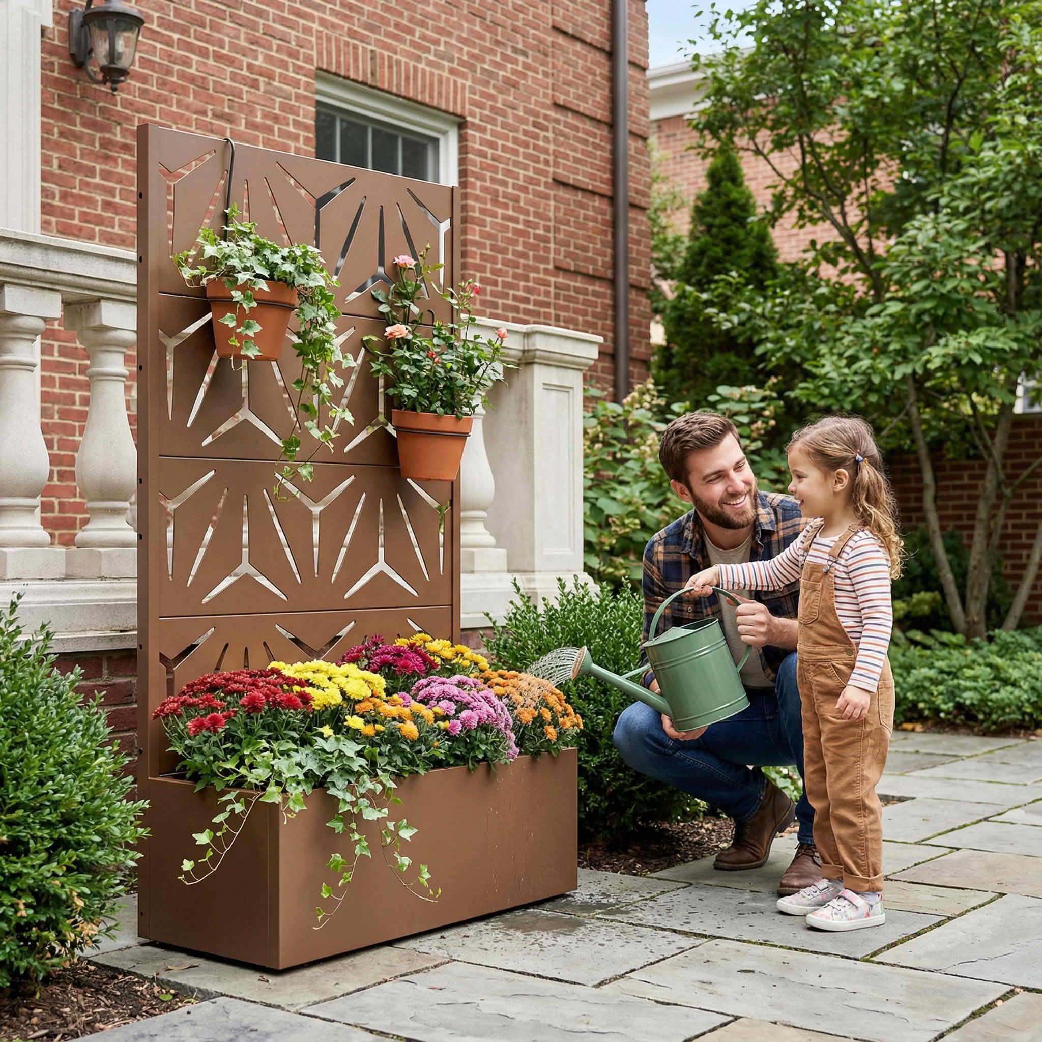 MAYEERTY 59X30" Metal Outdoor Brown Privacy Screen with Planter Box for Backyard & Garden, 4 Piece Set
