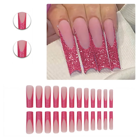 RAGUPEL 24Pcs Glue on Nails for Women,Pink Sequins Nail Tips Square,Instagram Style Presson Nails for Women,Long Press on Nails for Party,Daily Life,Taking Pictures,Dating,Style2