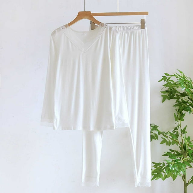 Puntoco Conjuntos de pijama cómodos para mujer Conjuntos de pijama para el hogar de moda para mujer Color sólido Cuello en V Encaje Manga larga Tops Cintura elástica Pantalones con cordones